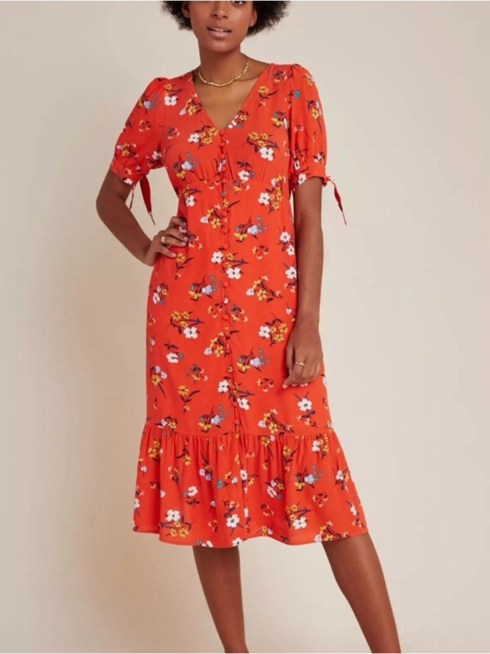 Maeve Anthropologie Eudora Red Floral Midi Dress